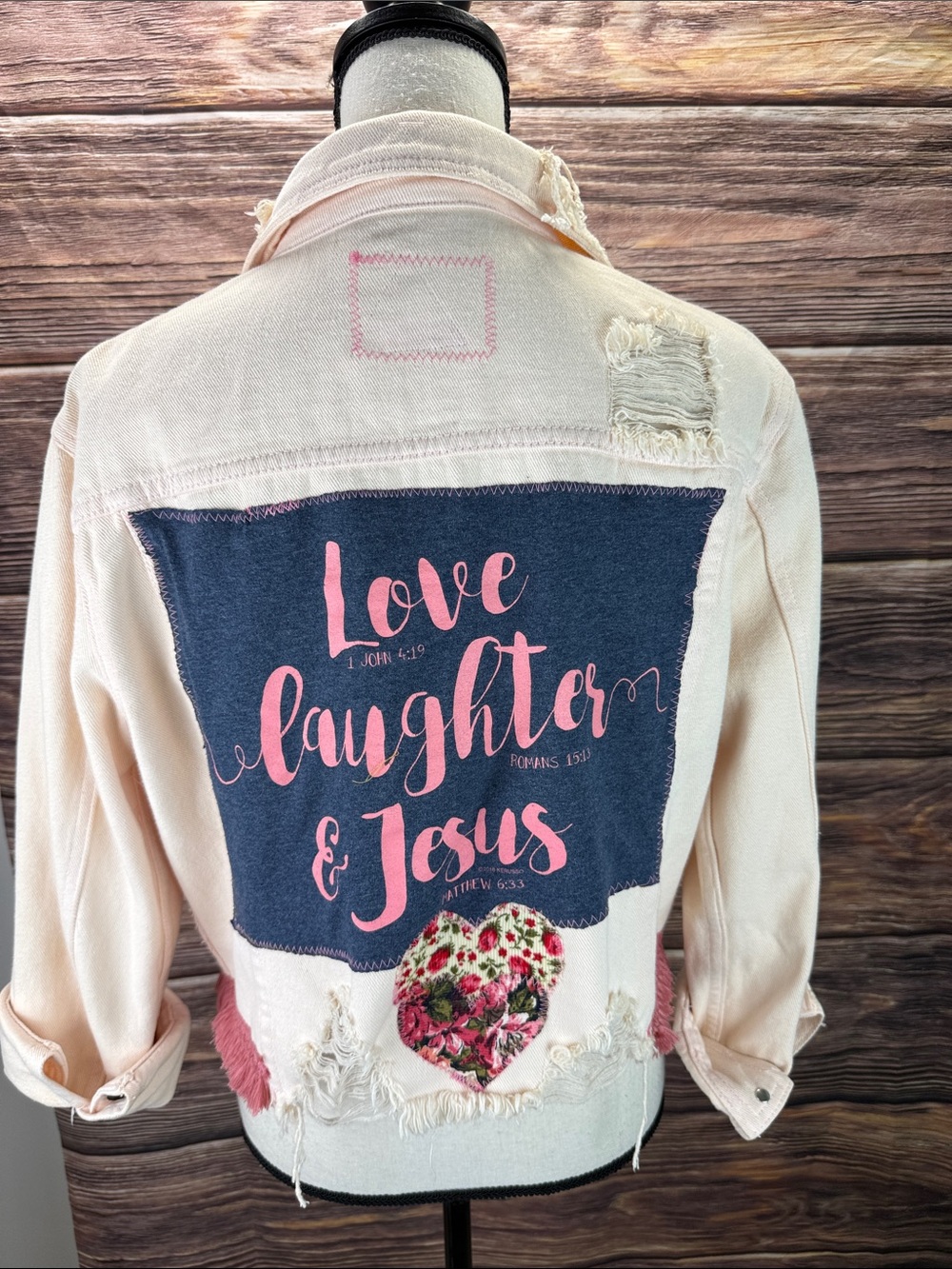 Adorned Crown Textile Custom Distressed Denim Jacket love laughter Jesus Small
